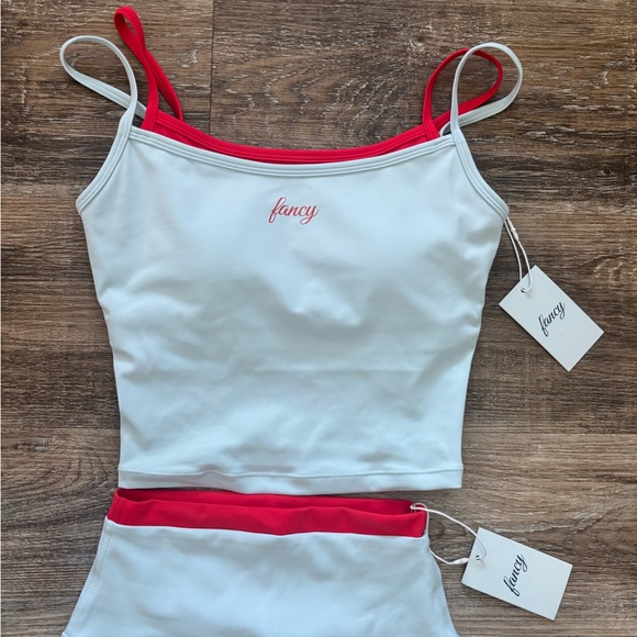 Fancy FitFlow Double Layered Tank & Double Lined Leggings Set - Powder Blue/Red - Picture 1 of 7